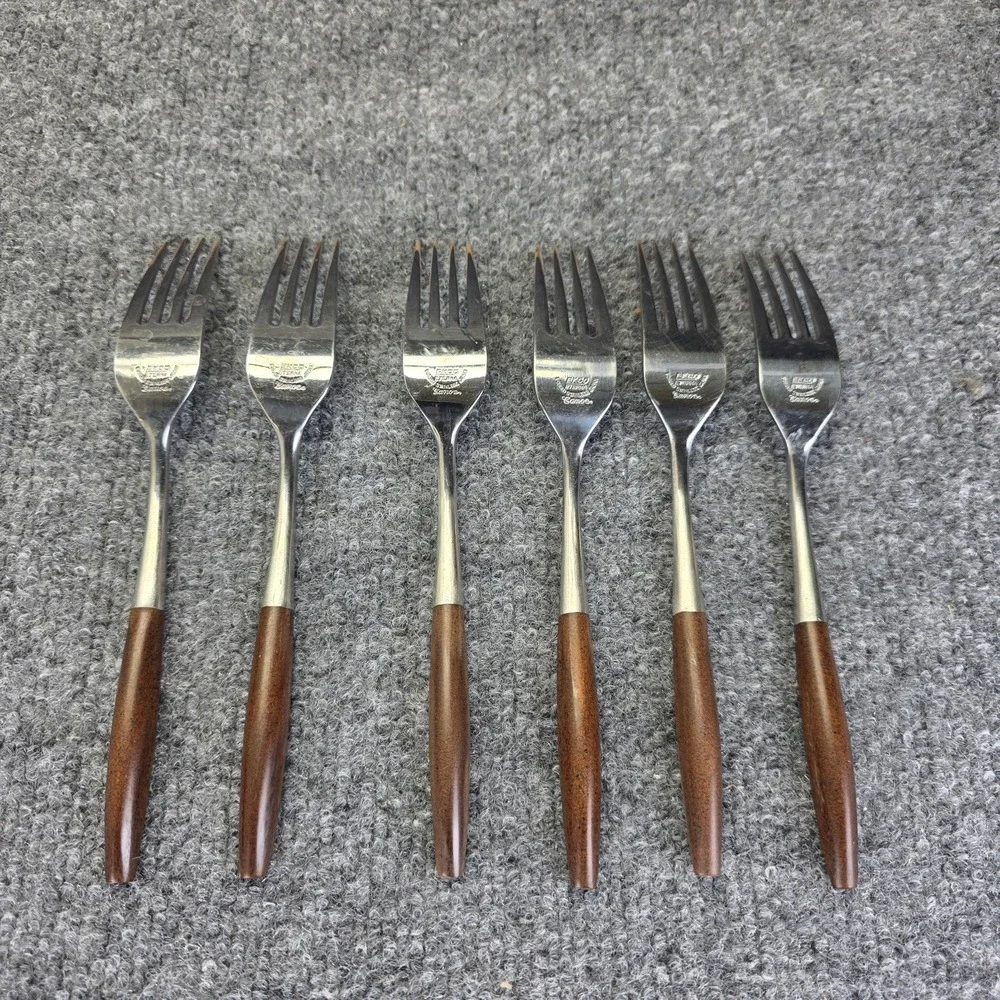 6 VINTAGE EKCO ETERNA CANOE MUFFIN DINNER FORKS, JAPAN STAINLESS STEEL FLATWARE